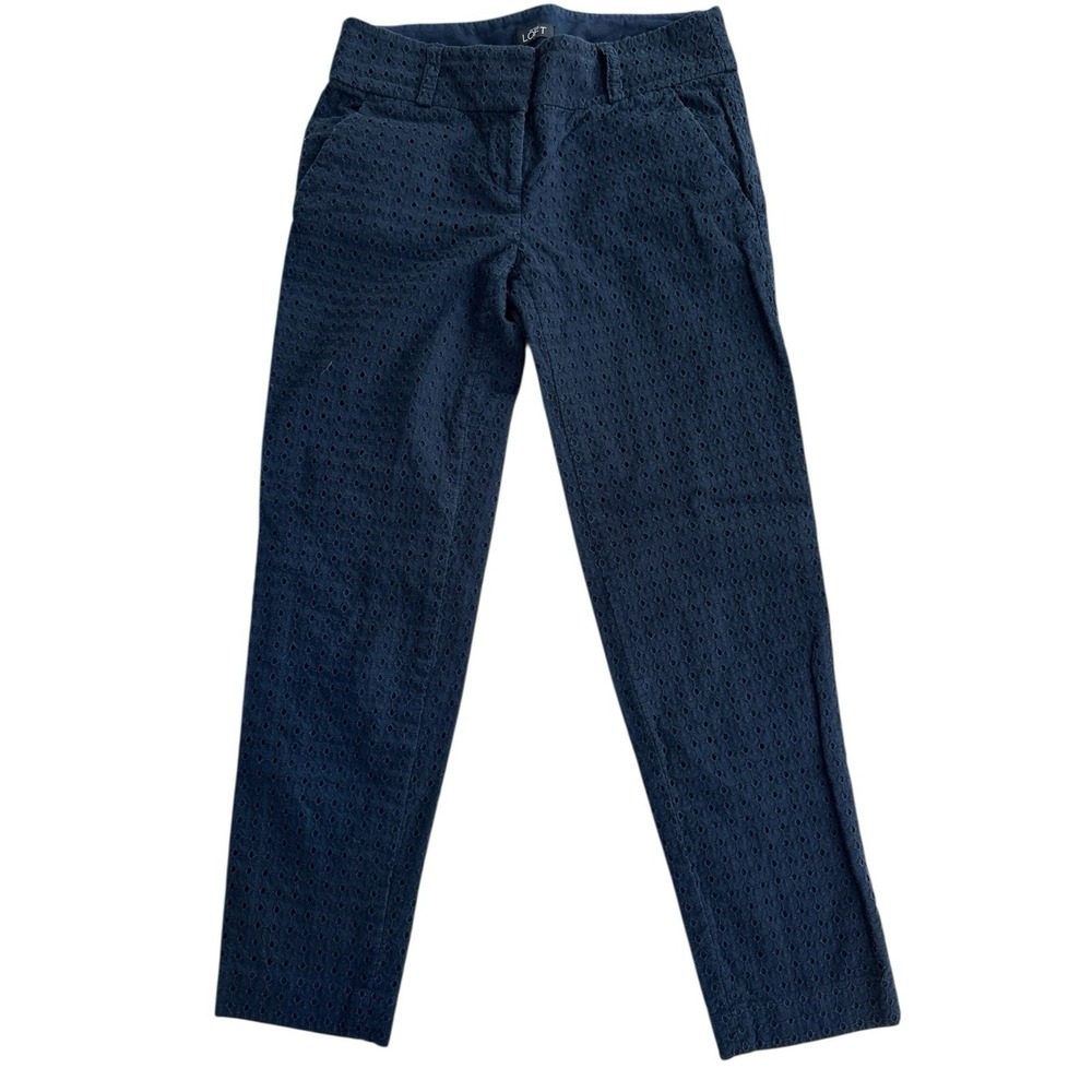 LOFT Eyelet Zoe Ankle Pants Women Sz 0 Navy Blue Coastal Nautical Preppy Hipster